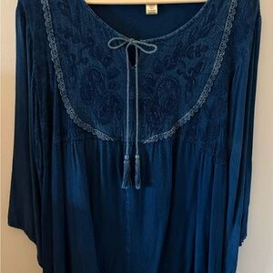 Studio West Navy Blue Embroidered Tassel Peasant Tunic